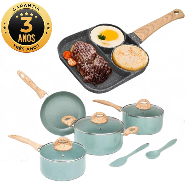 Frigideira Antiaderente 3 em 1 Frigideira de Ovo + Kit Com Jogo De 4 Panelas Em Cerâmica
